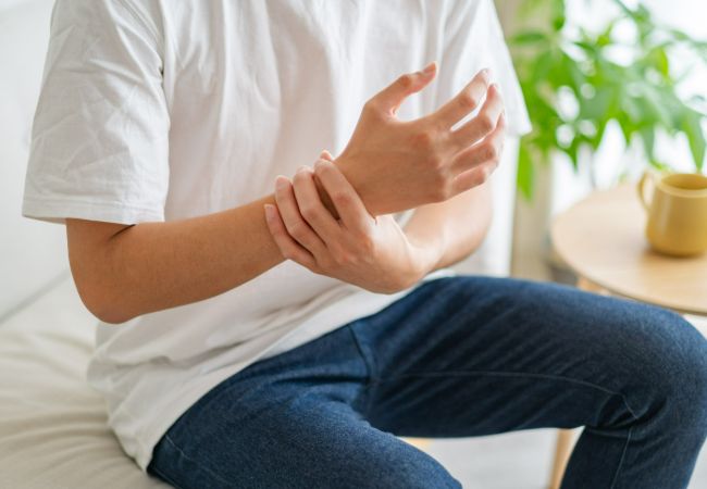 手首の痛みを感じる男性